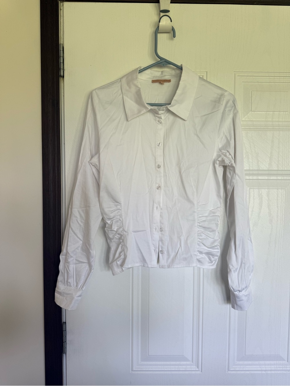 2 for $20 sale: Evolutionary white button down blouse with side ruching - L